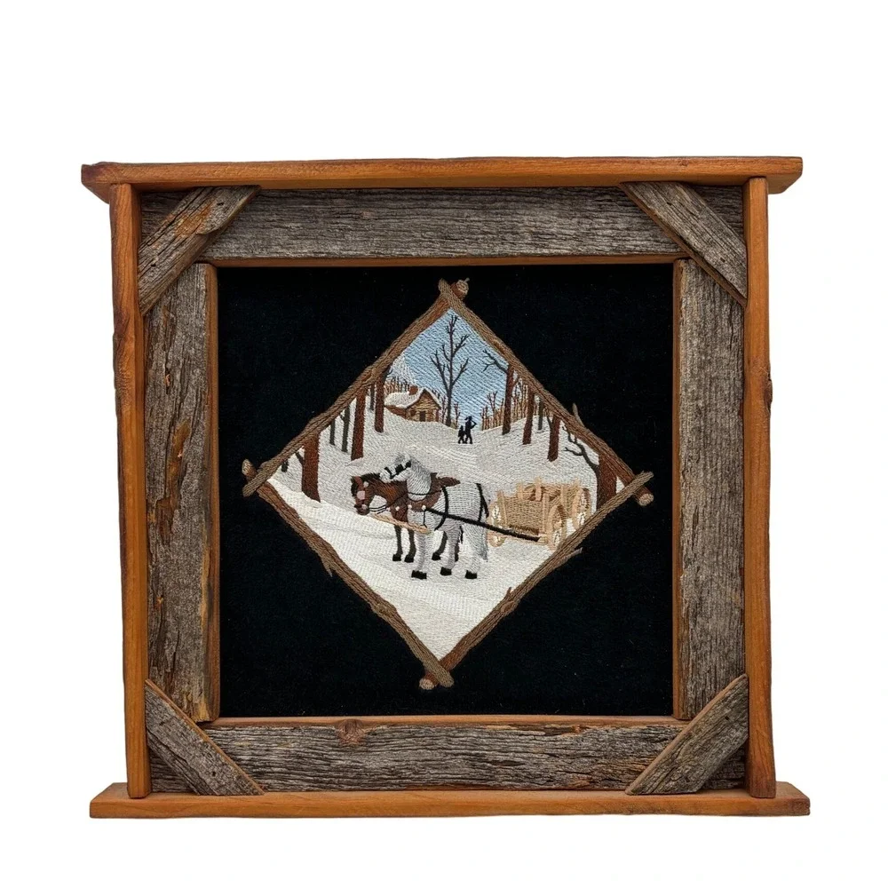 Rustic Framed Needlepoint Art Winter Scene Horses Sleigh‎ Cabin Wall Decor Xmas